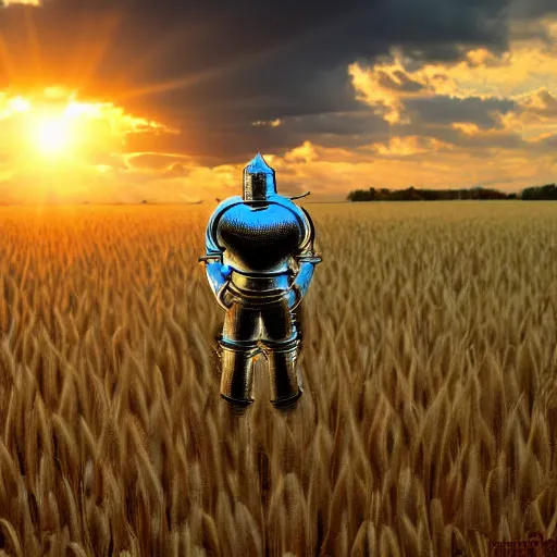 Prompt: a knight in armor standing in a wheat field at sunset with god rays of sun shining through clouds