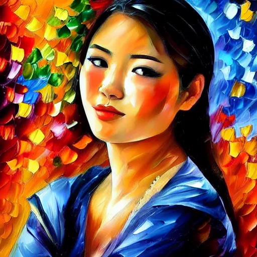 Prompt: a leonid afremov oil painting of a beautiful asian girl