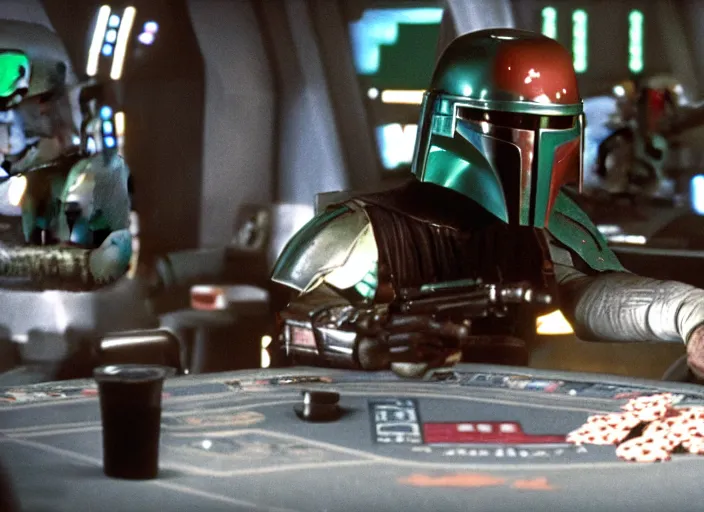 Prompt: film still of Boba Fett gambling in vegas in Star Wars The Empire Strikes Back,