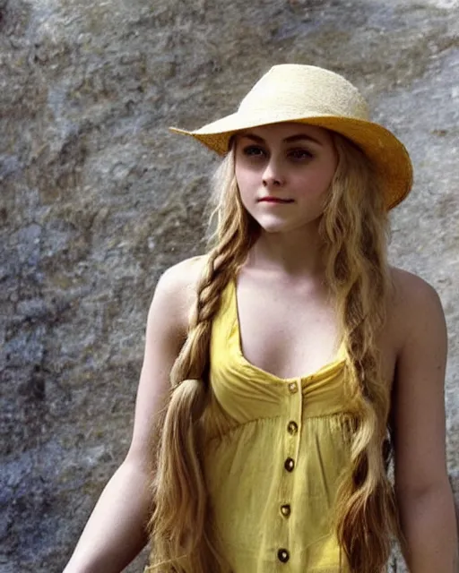 Image similar to annasophia robb with long blond hair, yellow shirt, straw hat, john bauer and bouguereau
