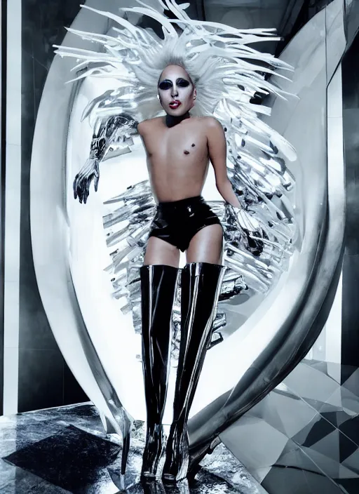 Image similar to lady gaga styled by nick knight posing in an futuristic setting , vogue magazine, Highly realistic. High resolution. Highly detailed. Dramatic. 8k.4k.