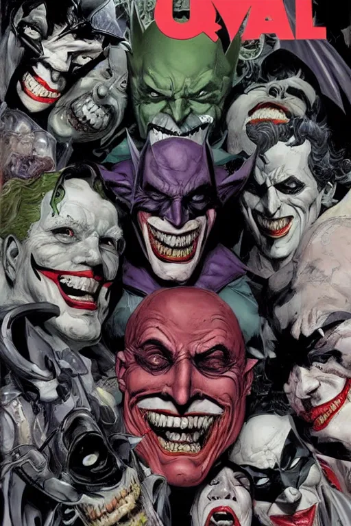 Prompt: dc comic book cover of villain the joker creepy menacing dangerous slit mouth smile and batman by michael hussar, james jean, tomer hanuka