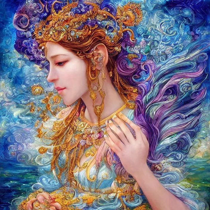 Prompt: goddess of water checking her phone, magic realism, art by josephine wall, art by huang guangjian, art by viktoria gavrilenko, art by amanda sage, trending on artstation