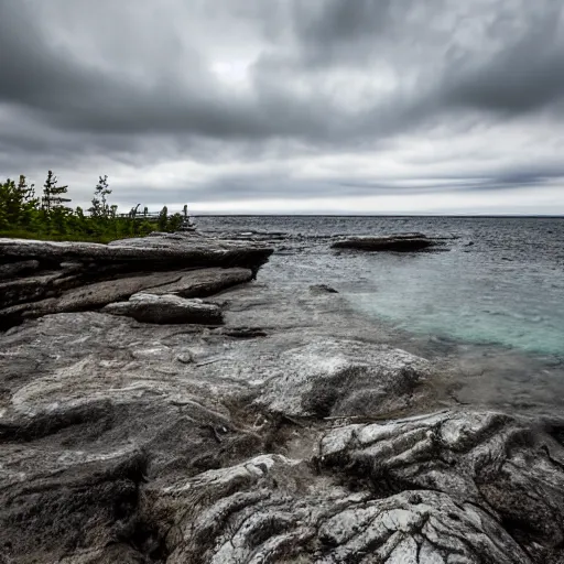 Prompt: rocky shore of the Bruce Peninsula on an overcast day, rain droplets falling in the water, 8k photo