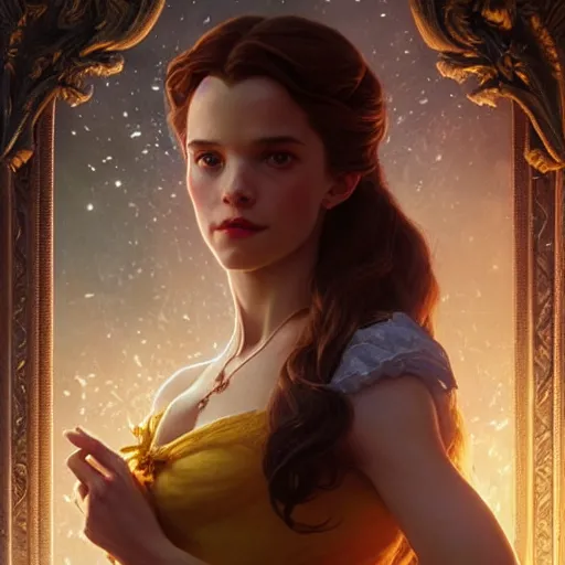 Image similar to belle beauty and the beast ; ultra realistic, concept art, intricate details, eerie, haunting, highly detailed, photorealistic, octane render, 8 k, unreal engine. art by artgerm and greg rutkowski and charlie bowater and magali villeneuve and alphonse mucha