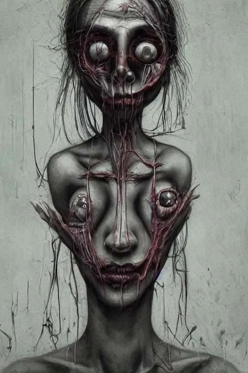 Image similar to surrealism crayon cartoon grunge of a creepy horror nurse girl . intricate artwork. nightmare fuel. terrifying. by zdzisław Beksiński, wlop, dan mumford , trending on artstation, greg rutkowski very coherent symmetrical artwork. cinematic, hyper realism, high detail, octane render, 8k