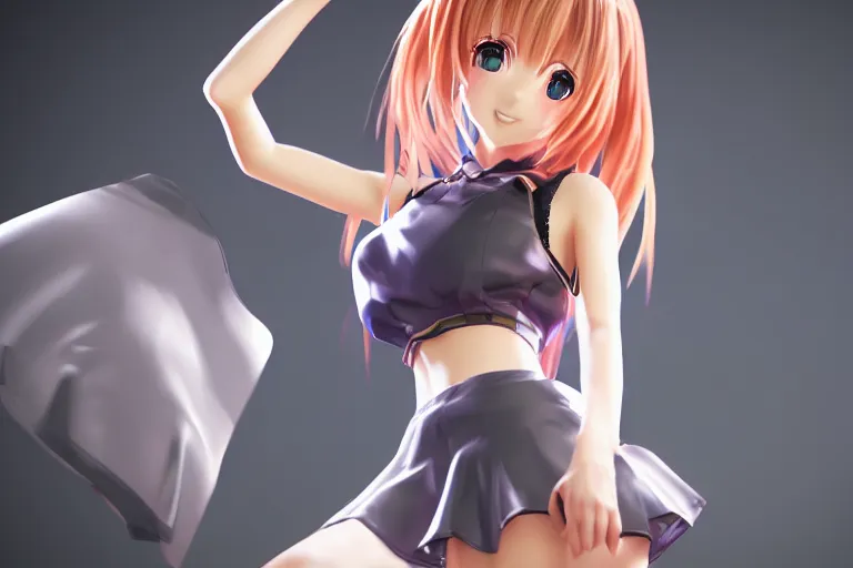 Image similar to still photo of an anime girl in a miniskirt, highly detailed, photorealistic portrait, bright studio setting, studio lighting, crisp quality and light reflections, unreal engine 5 quality render