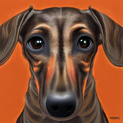 Image similar to brindle dachshund profile picture by Mandelbrot, Benoit B., asymmetrical, Organic Painting, Matte Painting, geometric shapes, hard edges, street art, symmetric face, symmetric eyes