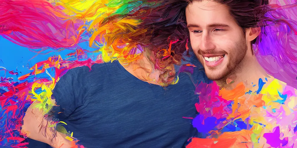 Image similar to beautiful young man smiling running his hand through his hair, digital art, colourful, digital art, realistic, seductive.