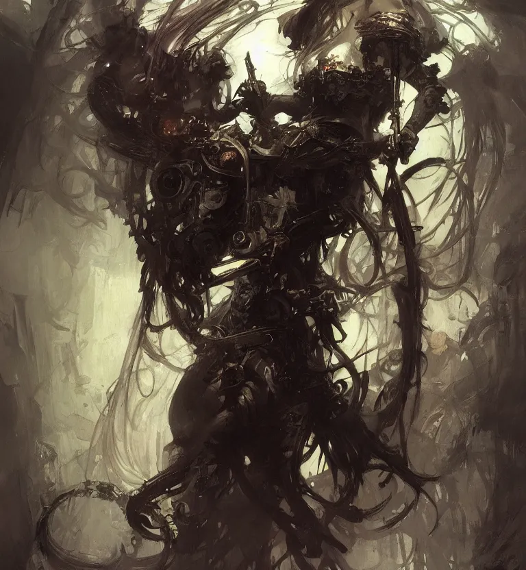 Image similar to a painting of death dealer, by jeremy mann, krenz cushart, artem demura, alphonse mucha, intricate, elegant, highly detailed, digital painting, artstation, concept art, smooth, sharp focus, illustration, art