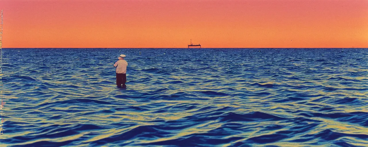 Image similar to fisherman fishing at sea, california, golden hour, hiroshi nagai, ultra long shot