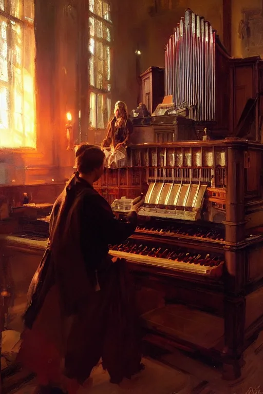 Prompt: portrait pipe organ by anders zorn, wonderful masterpiece by greg rutkowski, beautiful cinematic light, by greg manchess, jessica rossier