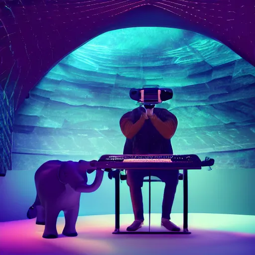 Image similar to a hyperrealistic 3D octane render of an elephant wearing oculus rift VR headset and playing a keyboard inside of a dome planetarium, 8k, unreal engine, dramatic lighting, volumetric lighting, uplighting, ray tracing, photorealistic,