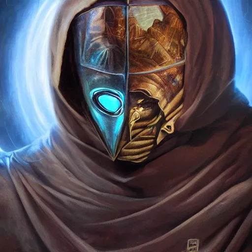 Prompt: masked nomad male wearing a cloak on and holding a holographic planet projection in his hand, detailed, sci - fi, digital painting, artstation, sharp focus, illustration, ominous, artgerm, tomasz alen kopera, peter mohrbacher, donato giancola, joseph christian leyendecker, wlop, frank frazetta