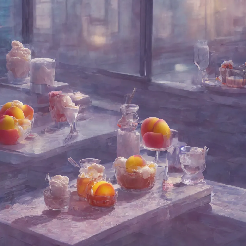 Image similar to a still life painting of cold drinks, ice cream, peach embellishment, in the style of makoto shinkai, dreamy, soft, global illumination, radiant light, intricate environment, luminescence, highly detailed, 8 k