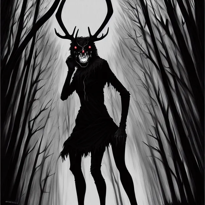 Image similar to style artgerm, joshua middleton, artgerm, rafael albuquerque : : scary wendigo with antlers and skull face mixed with werewolf : : [ [ beautiful witch wearing a black dress, symmetrical face, on the right side ] ] : : in the forest, detailed, dark and foggy, cinematic lighting