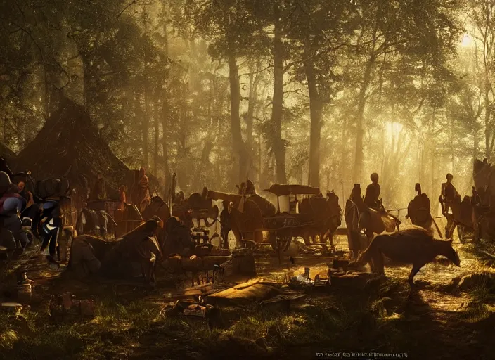 Prompt: atmospheric cinematic artwork of Robin Hood and his outlaws in their camp in Sherwood forest, dusk, sun rays through the trees by Greg Rutkowski, 4k, masterpiece