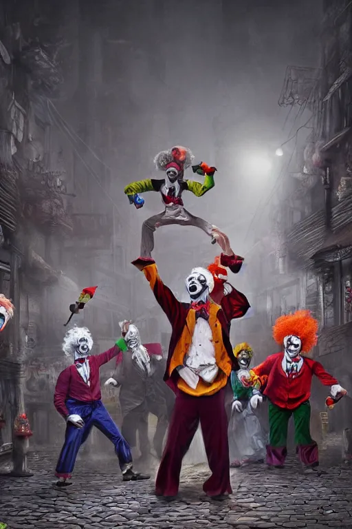 Image similar to a group of men dressed as clowns standing around tv screen in a dark foggy alley, highly detailed, trending on artstation