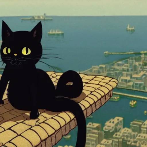 Prompt: an anthro black cat looking out over a city, Miyazaki, studio ghibli