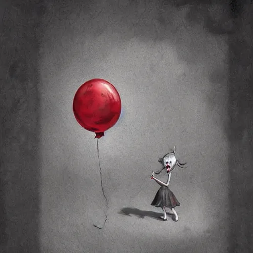 Image similar to grunge cartoon landscape sketch of bilie eilish with a wide smile and a red balloon by - michal karcz, loony toons style, pennywise style, horror theme, detailed, elegant, intricate