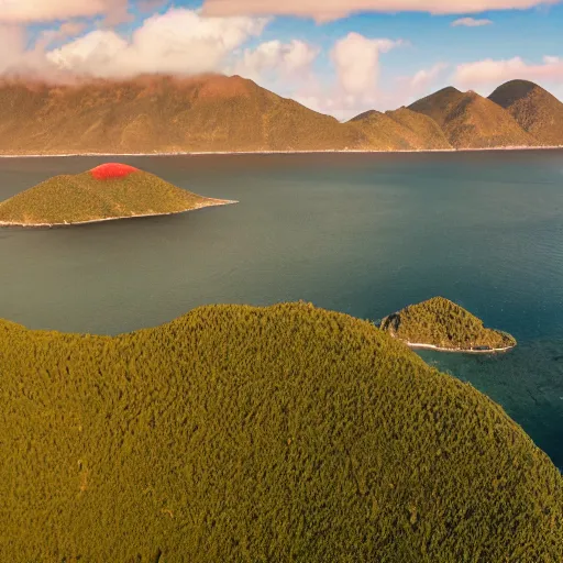 Prompt: a camera capture high resolution photograph of a large flat verdant island with large mountains with red peaks