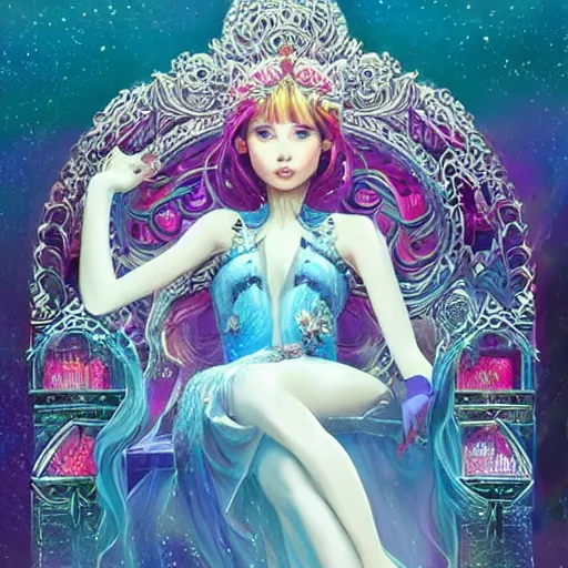 Image similar to A beautiful ice princess sitting on her throne, very colourful, highly detailed, artstation, intricate, smooth, sharp focus, bright, happy, illustration, art by Greg Rutkowski and Yuumei, good clear quality, lighting, biology, symmetrical artwork, perfect face, 135 mm, cinematic, hyper realism, glittering ice, dark, moonlight, high detail, octane render, 8k, crimson highlights