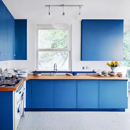 Prompt: photograph of a midcentury modern kitchen, blue and white colors, perfect, magazine image, highly detailed, 3 5 mm