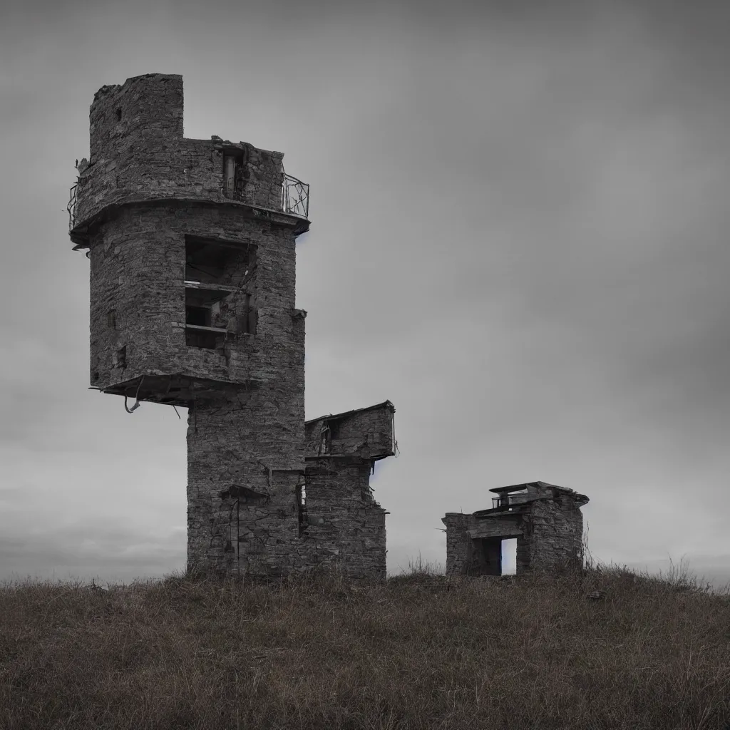 Prompt: abandoned watchtower, octane render, fujifilm superia, 3 6 0 panorama, tonal colors, happy accidents, diffraction grading, the notion of self