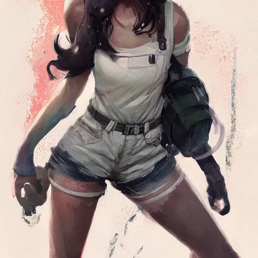 Image similar to portrait, attractive Female adventurer, soft eyes and narrow chin, dainty figure, single strap paint covered overalls, short shorts, combat boots, raining, basic white background, style of by Jordan Grimmer and greg rutkowski, crisp lines and color,