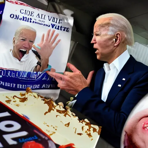 Image similar to terrified out of white chocolate made Joe Biden, melting, yelling for help