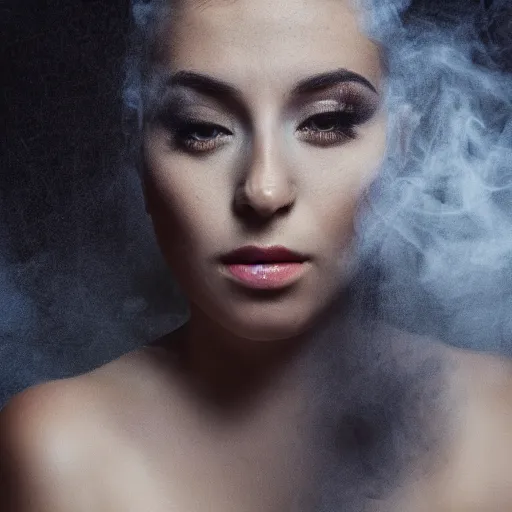 Image similar to A beautiful young woman, smoke, double exposure, medium shot, studio lighting,