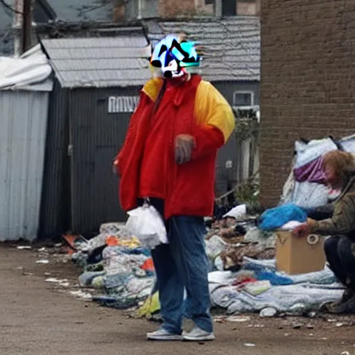 Image similar to donald trump dressed as a homeless man living in the slums