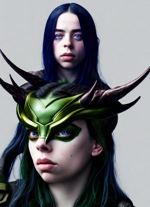 Prompt: Billie Eilish as Female Loki, beautiful facial symmetry, olive skin, hyper realistic, hyper detail, very detailed, digital art, trending on artstation, smooth render, 8k octane render, digital illustration, by Katsuhiro Otomo and Shigeru Miyamoto and Ian Sprigger