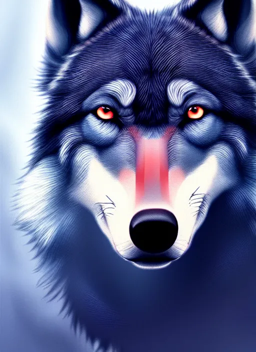 Prompt: dark blue wolf, red eyes highly detailed, deep focus, elegant, digital painting, smooth, sharp focus, illustration, ultra realistic, 8 k, art by wlop