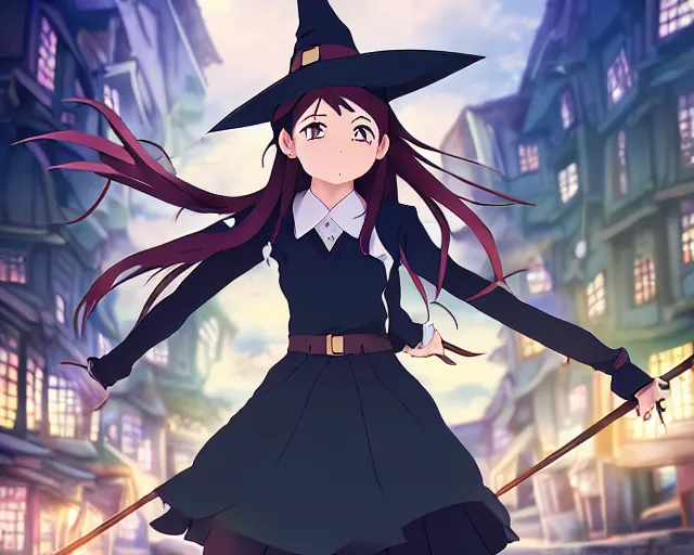 Prompt: key anime visual portrait of a young female witch walking through a busy village, dynamic pose, dynamic perspective, cinematic, dramatic lighting, muted colors, detailed silhouette, textured, finely detailed eyes, anime proportions, little witch academia