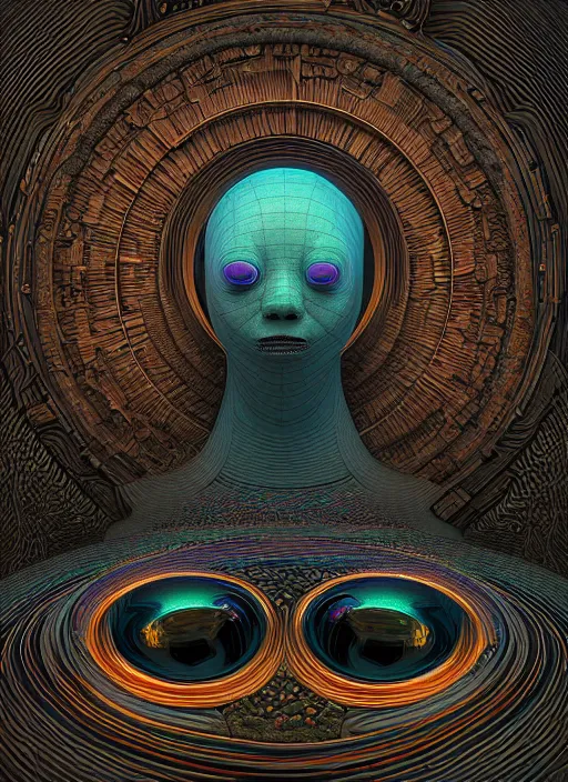 Image similar to a highly detailed landscape of recursive speakers forming a 3 d head. 🔊 head. amplitude and frequency wave visualisation. iridescent metamorphic synaesthesia. ornate, hyperrealistic, octane render, chiaroscuro, inspired by greg rutkowski, android jones, beeple, shaun tan, frostbite 3 rendered