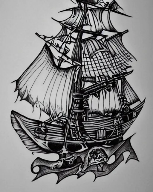 A realistic tattoo design sketch of a pirate ship, white backgro... -  Arthub.ai