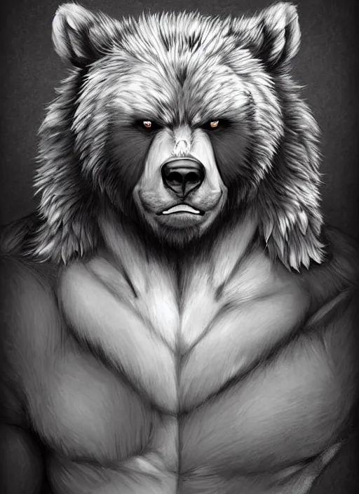Image similar to award winning beautiful portrait commission art of a muscular male furry anthro grizzly bear fursona with a cute beautiful attractive detailed furry face wearing gym shorts and a tanktop at the gym. Character design by charlie bowater, ross tran, artgerm, and makoto shinkai, detailed, inked, western comic book art