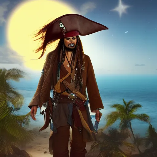 Image similar to Captain Jack Sparrow is looking all over an island for his rum, the moon is rising on the horizon, stars glistening in the night, hyperdetailed, artstation, cgsociety, 8k