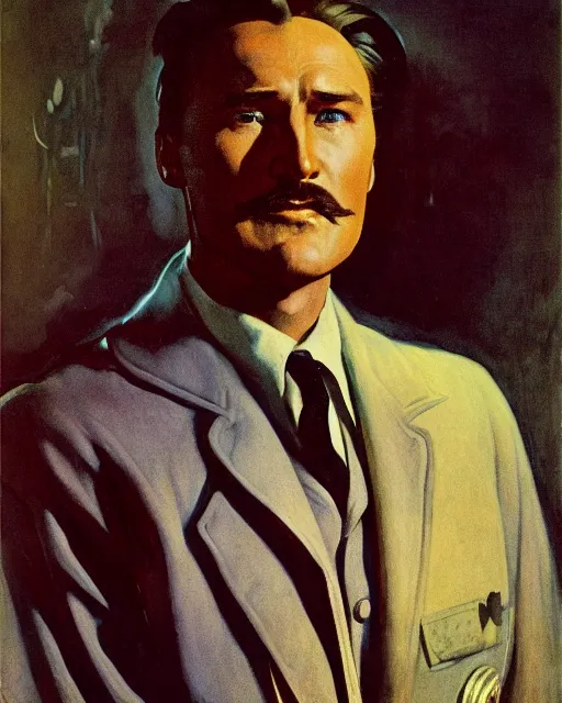 Prompt: Errol Flynn as a scientist. 1980s dystopian Soviet Russia, propaganda screens. By Greg Rutkowski, Gustave Courbet, Rosa Bonheur, Edward Hopper, Ilya Yefimovich Repin, Jean-François Millet, Andrew Newell Wyeth. Faithfully depicted facial expression, perfect anatomy global illumination, radiant light, detailed and intricate environment