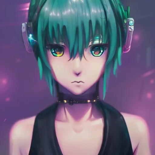 Image similar to anime punk girl, night, emerald, 4 k, ultra realistic, beautiful eyes, epic lighting, machines, high detail, masterpiece, trending on artstation by art germ and akihito tsukushi