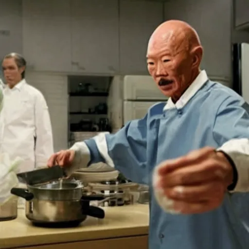 Prompt: A still of Lee Kuan Yew as Walter White cooking meth in in Breaking Bad (2008)