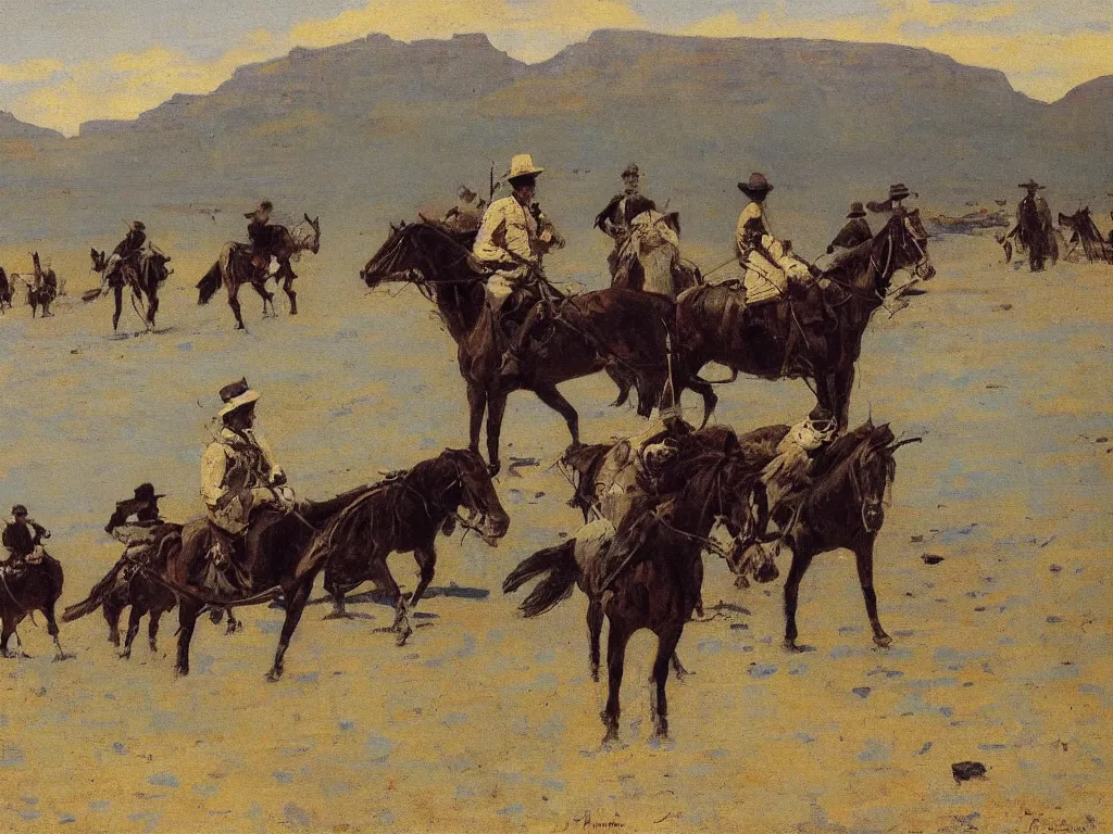 Prompt: a beautiful landscape painting by frederic remington, trending on arstation