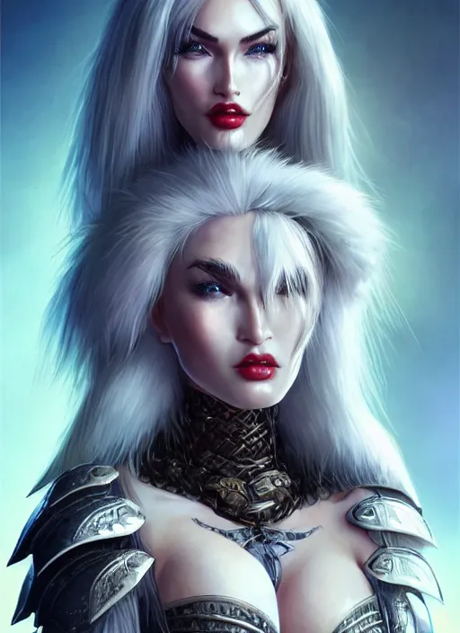 Image similar to ! dream barbarian, fur leather armor!!! megan fox, beautiful and elegant white hair female!! gorgeous ayes!! character concept art, sharp focus, octane render! unreal engine 5! highly rendered!! trending on artstation!! detailed linework!! illustration by artgerm, wlop, and chie yoshii