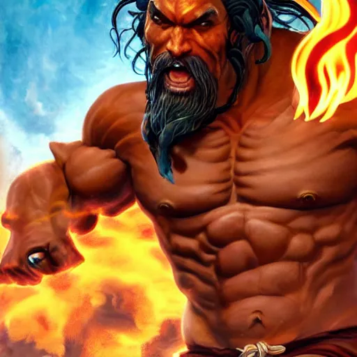 Prompt: jason momoa as dhalsim street fighter, sitting and floating in mid air, surrounded by fire, ultra realistic, concept art, intricate details, highly detailed, photorealistic, octane render, 8 k, unreal engine, art by frank frazetta, simon bisley, brom