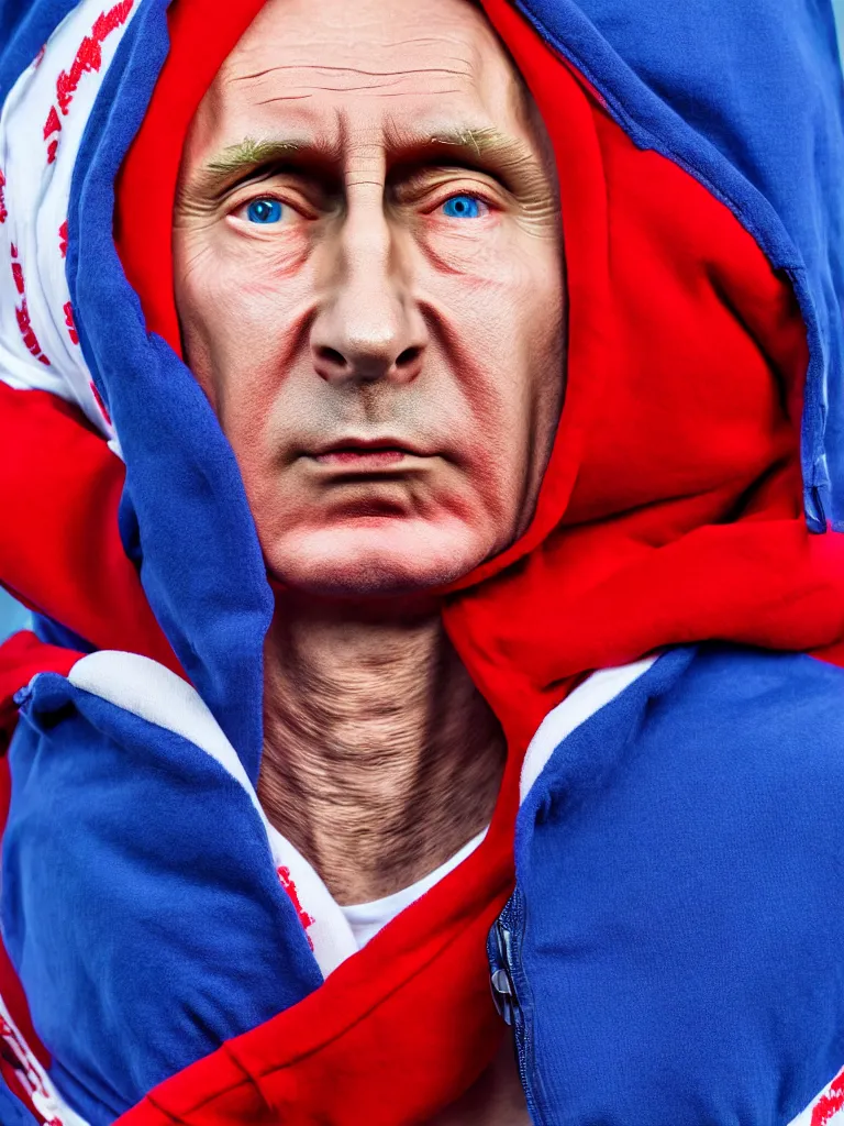 Image similar to body portrait of person in hoodie and red - blue - white bandana looking like vladimir putin in the style of gta game, 8 k super resolution