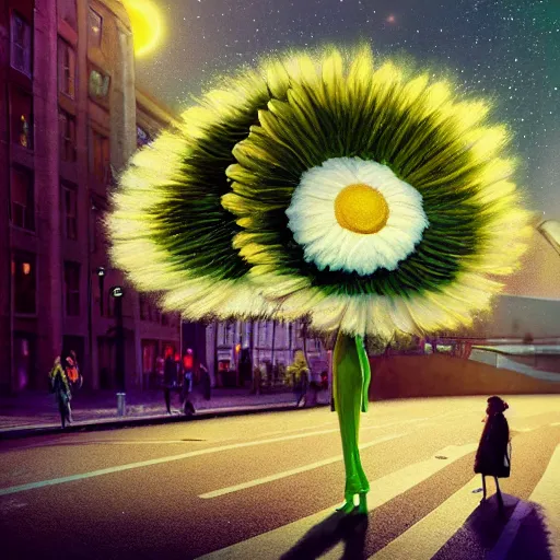 Image similar to giant daisy flower head, woman walking in a modern city, surreal photography, night sky, dark, stars, impressionist painting, digital painting, artstation, simon stalenhag