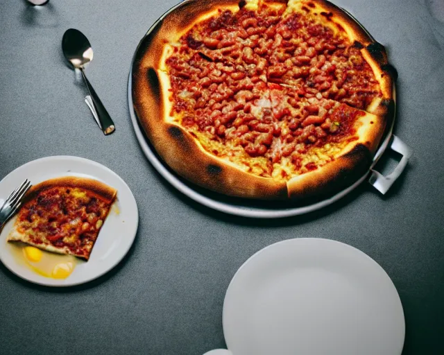 Image similar to dslr food photograph of a mouthwatering pizza with baked beans and egg on, 8 5 mm f 1. 4