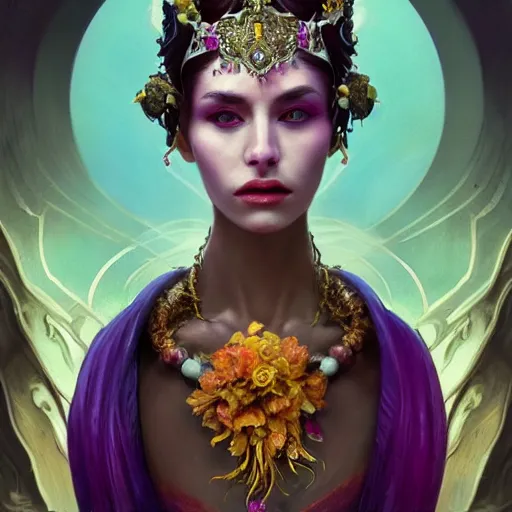 Prompt: realistic character concept, the empress with lots of jewelry and yellow and purple flowers in the face, elegant pose, scifi, illustration, slender symmetrical face and body, artstation, cinematic lighting, hyperdetailed, 8 k, high resolution, charlie bowater, tom bagshaw, insanely detailed and intricate, elegant, dark fractal background, vfx, art deco, postprocessing