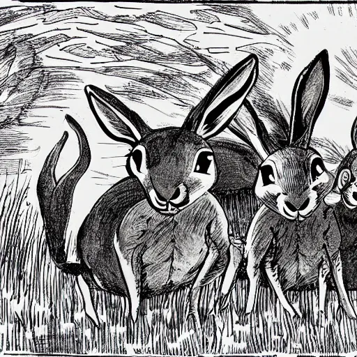 Prompt: an illustration of the terrified rabbits of watership down